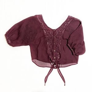 Feathers Sheer Crochet Back Button Down Top